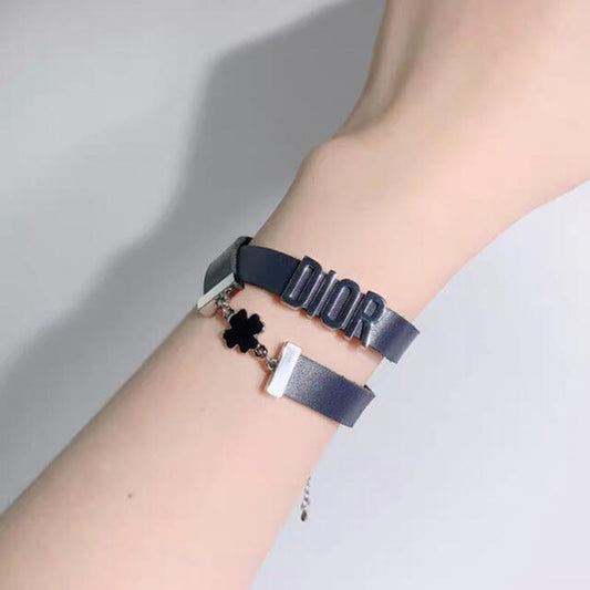 Dior Black Leather Bracelet - Clover Charm