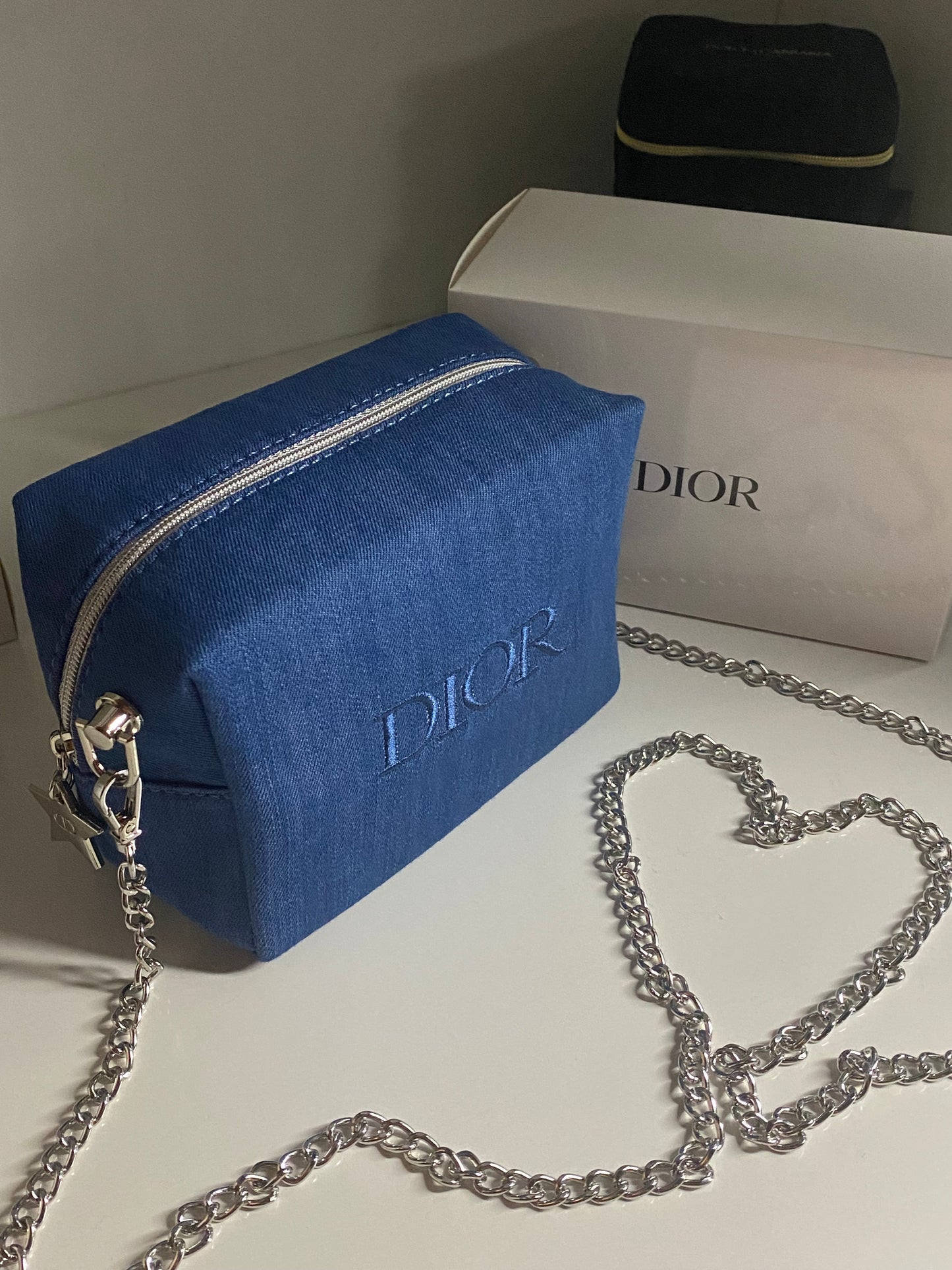 Dior Pouch vanity Denim fabric with silver strap