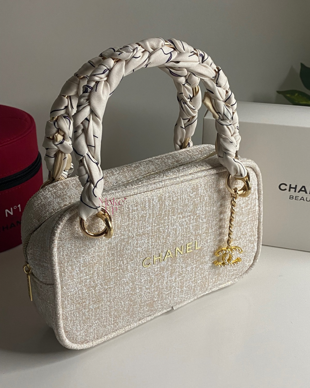 Chanel White & Gold Bag With Scarf