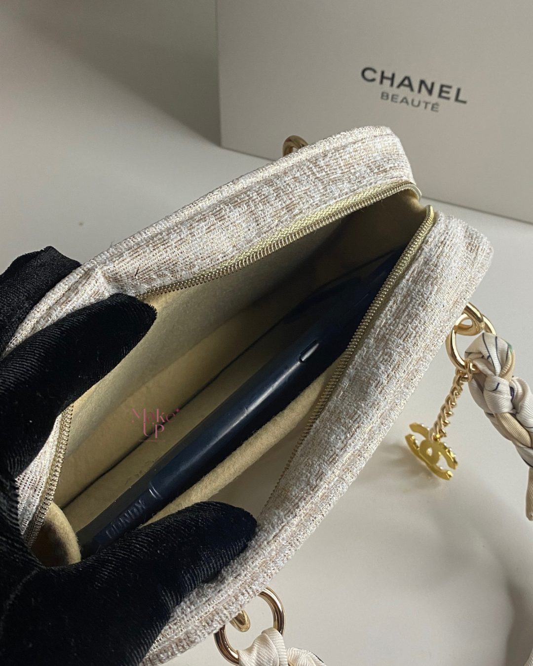 Chanel White & Gold Bag With Scarf