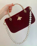Velvet Bag With Pearl Strap - Red
