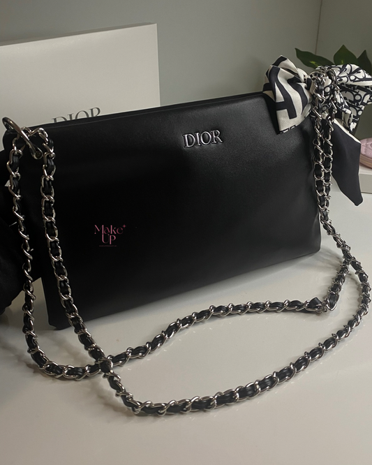 Dior Leather Black Bag With Double Silver Strap & Scarf