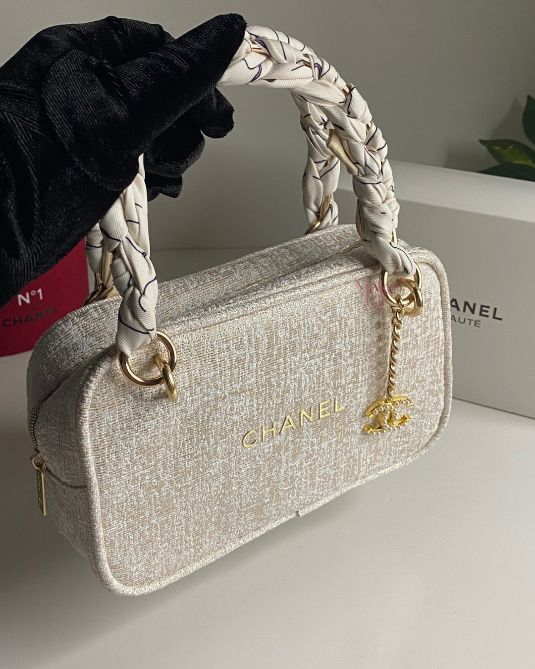 Chanel White & Gold Bag With Scarf