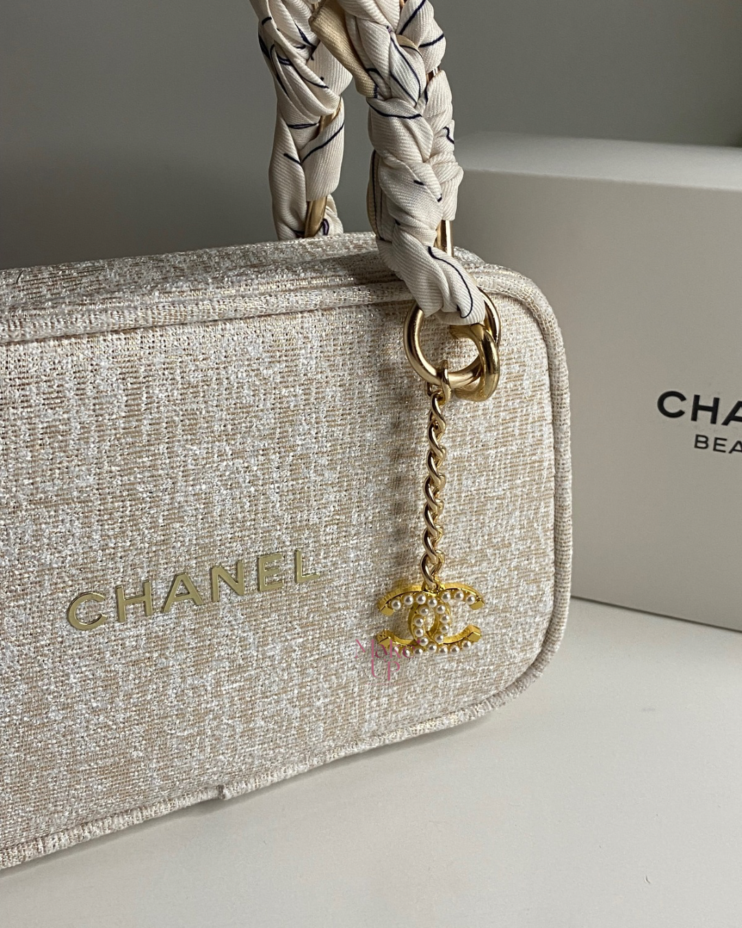 Chanel White & Gold Bag With Scarf