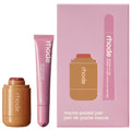 Rhode lip balm set in mauve, showing the pink squeeze tube, the open balm stick in a brown container, and the pink product box on a white background.