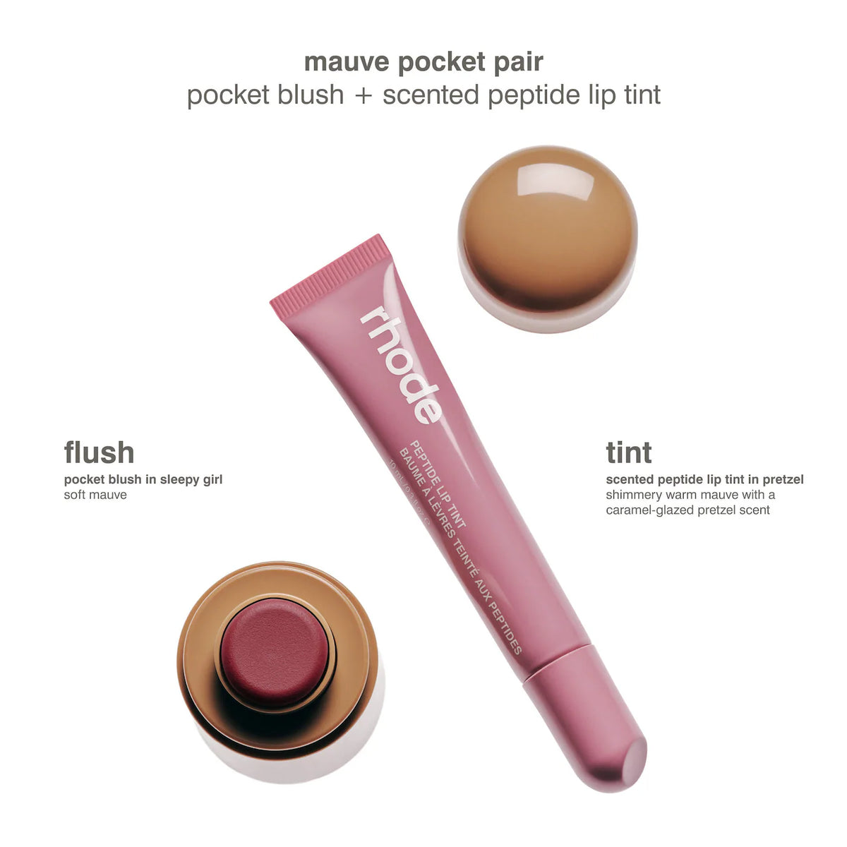 Rhode makeup set labeled 'mauve pocket pair' showing a mauve pocket blush tube, a mauve-colored lip tint tube, and two round compact lids on a white background with product text callouts.