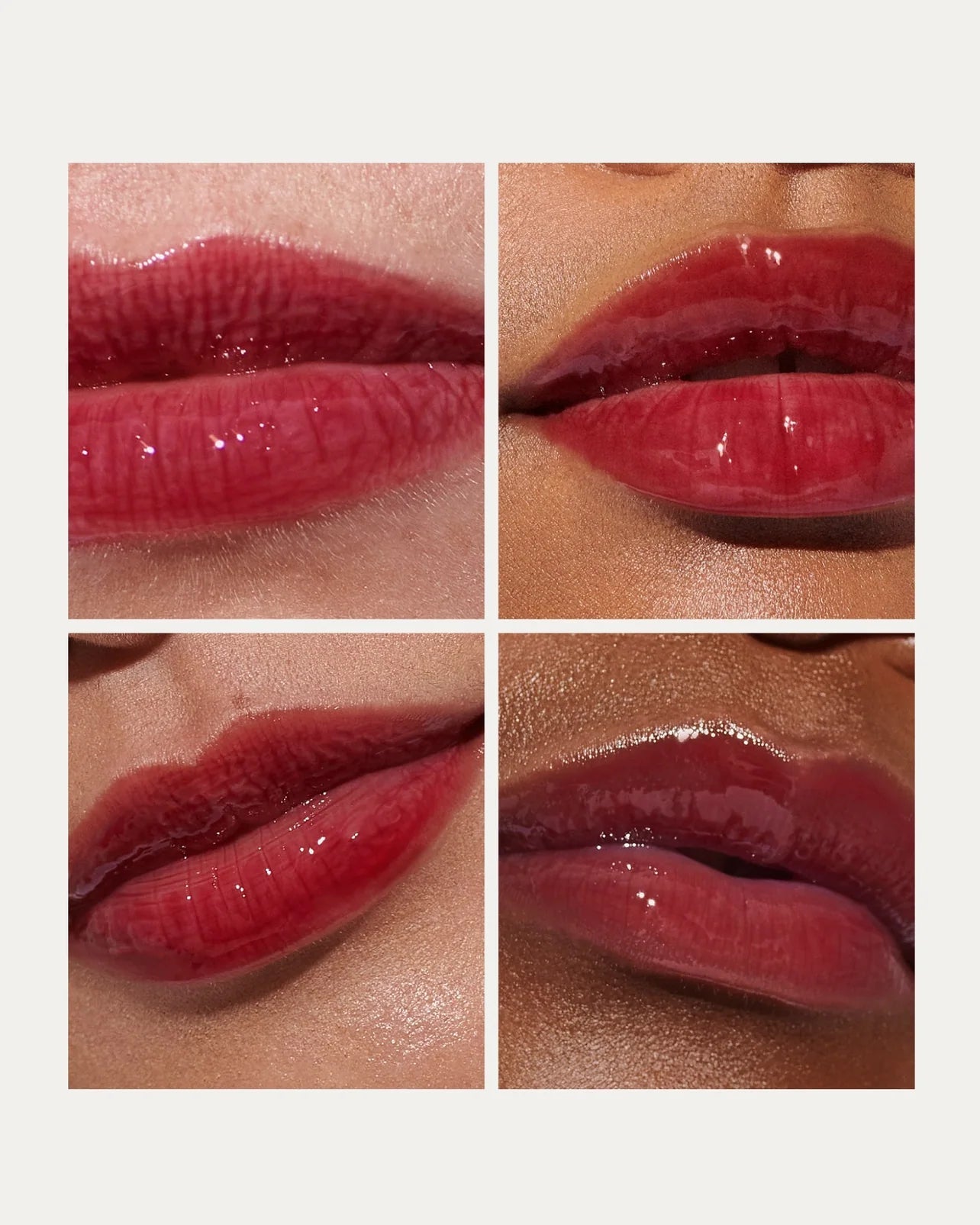Four close-up images of lips with different shades of red lipstick on a light gray background.