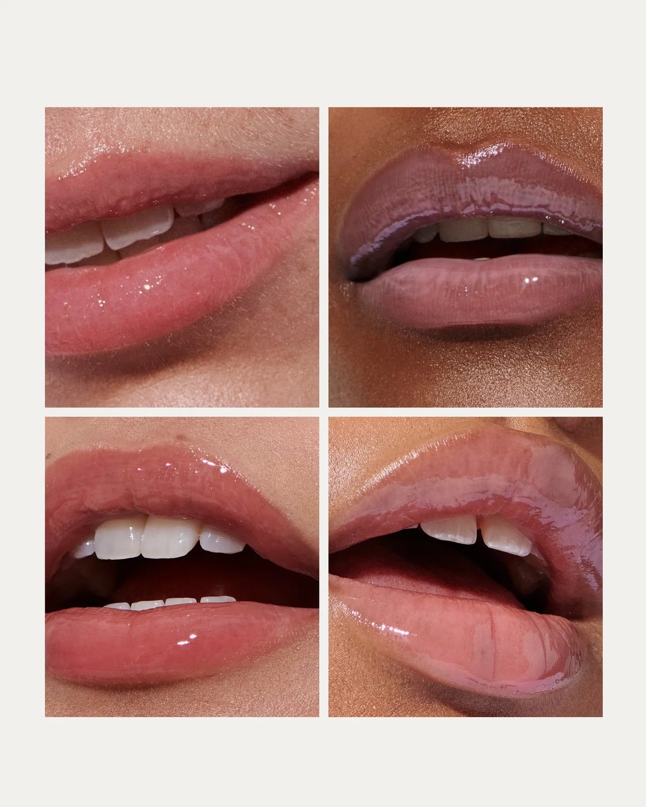 Four close-up images of lips with different lip colors on a light pink background
